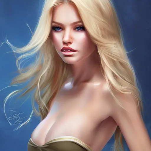 Image similar to a very beautiful young donald trump, full body, long wavy blond hair, sky blue eyes, full round face,, bikini, miniskirt, front shot, highly detailed, cinematic wallpaper by stanley artgerm lau