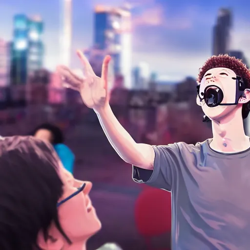 Image similar to anime Mark Zuckerberg smiling dancing with vr headset on while people cheer and cry, in rooftop bar, photo by Mann, detailed, 4k, beautiful