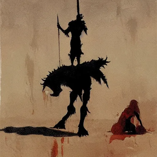 Prompt: warrior standing over dead dragon by jeffrey catherine jones