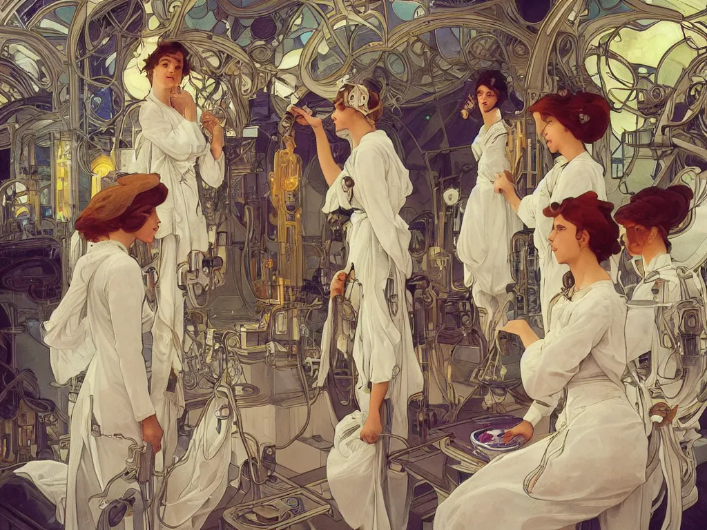 Image similar to Future godly calm scientists discover the cure on space station lab, ethereal, elegant, intricate, beautiful, digital painting, artstation, concept art, smooth, sharp focus, by Alphonse Mucha