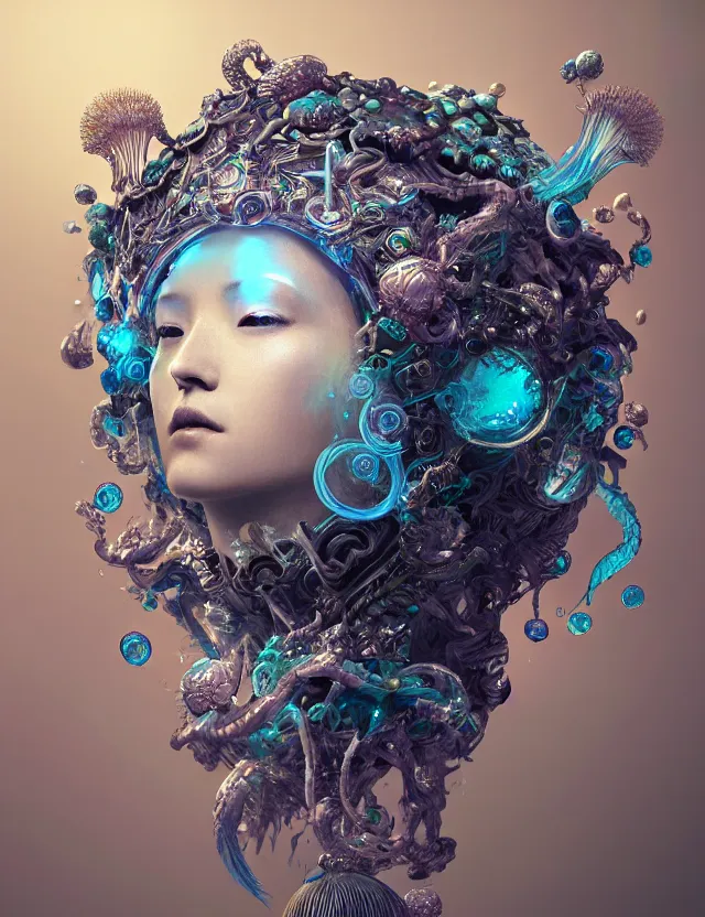 Image similar to goddess macro close - up portrait in crown made of ram skull. betta fish, jellyfish phoenix, bioluminiscent, plasma, ice, water, wind, creature, super intricate ornaments artwork by tooth wu and wlop and beeple and greg rutkowski