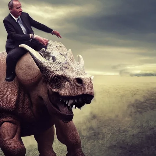 Prompt: Vladimir Putin riding a triceratops, digital art, trending on artstation, 8k, hyper realistic