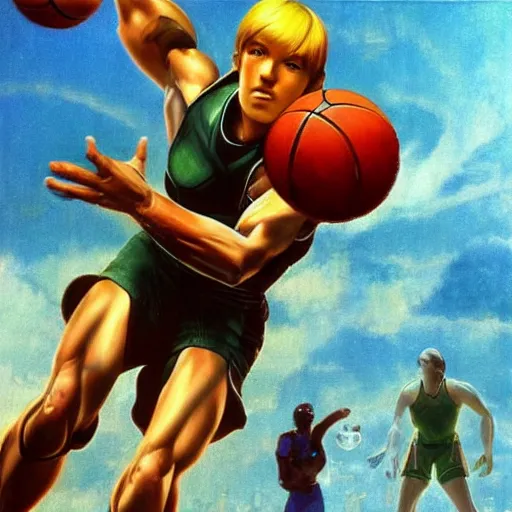 Image similar to samus aran from metroid playing basketball, extremely detailed masterpiece, roger deakin ’ s cinematography, oil on canvas, norman rockwell