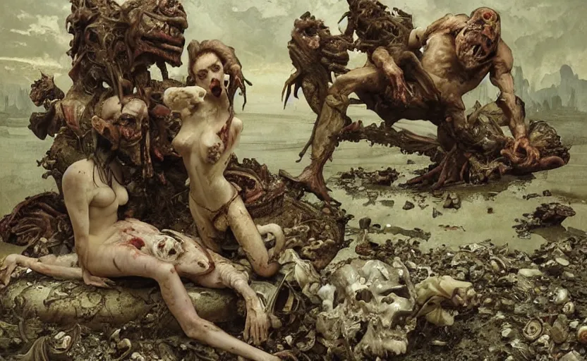 Prompt: renaissance grotesque painting of ovni crash wasteland, landfill, swamp, corpses on the floor, elegant artwork by lee bermejo and greg rutkowski and alphonse mucha