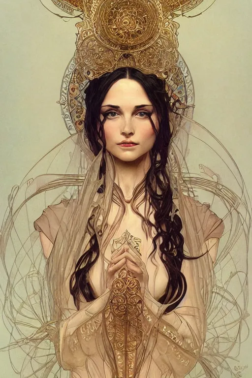 Image similar to high priestess, intricate, elegant, highly detailed, concept art, sharp focus, beautiful face!!, digital art, smooth defined outlines!!, human anatomy, human structure, by Brom, trending on Artstation, Alphonse Mucha, Tom Bagshaw, Sargent