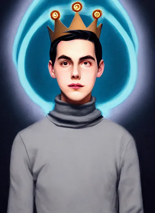 Image similar to portrait of teenage jughead jones wearing a light grey crown, crown, blue turtleneck, 1 9 5 0 s, closed eyes, photorealistic, black hair, glowing lighting, intricate, elegant, glowing lights, highly detailed, digital painting, artstation, concept art, smooth, sharp focus, illustration, art by wlop, mars ravelo and greg rutkowski