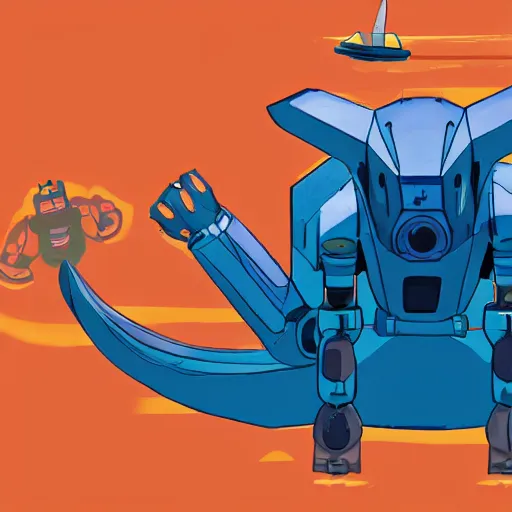 Image similar to a giant athletic sleek well - designed strong blue mecha robot fighting a giant orange monstrous hammerhead shark kaiju creature in waist deep water