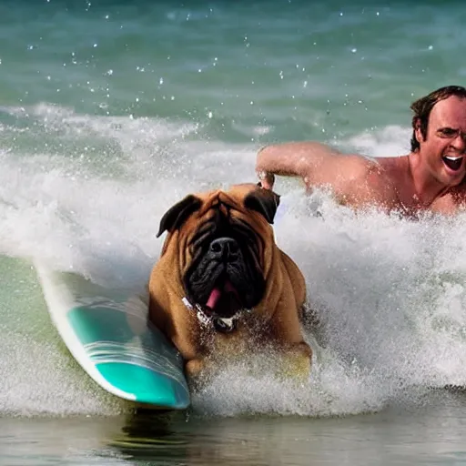 Image similar to a comedy movie for bull mastiff about surfing