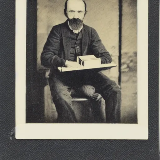 Prompt: old polaroid depicting a scientist from the 1 9 th century holding a modern day laptop