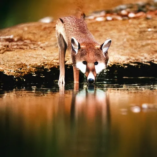 Image similar to close up photo of a rare thylacine, drinking water from a lake in tasmania, bokeh, 1 0 0 mm lens, 4 k award winning nature photography