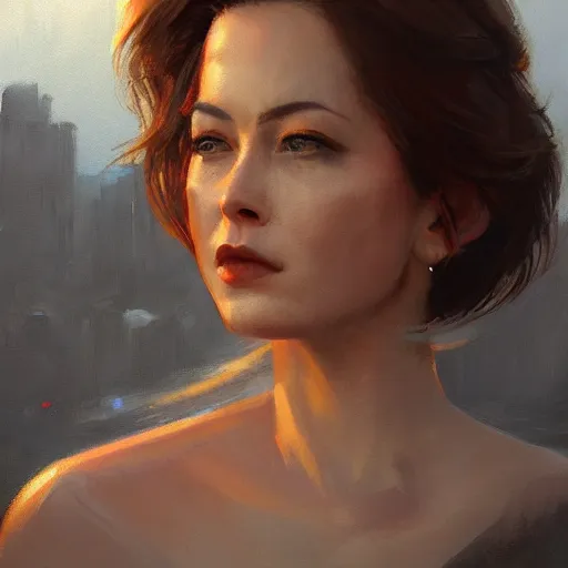 Prompt: closeup portrait of esme bianco, dramatic lighting, city background, sunset, chiaroscuro, complementary contrast high detail, painted by greg rutkowski, painted by igor kieryluk, painted by bobby chiu, trending on artstation
