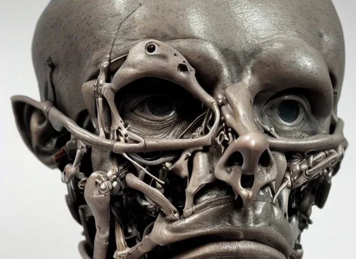 Prompt: a bust sculpture of anatomical cyborg, ,detailed face, ceramic base, studio lighting