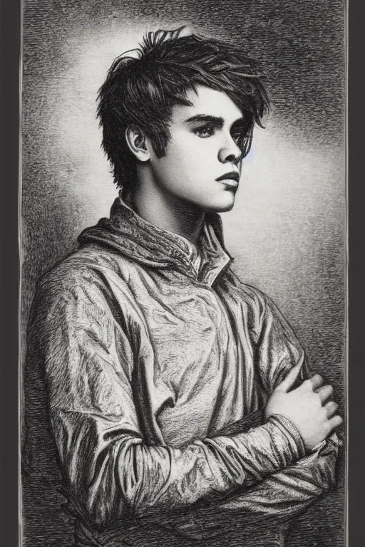 Image similar to portrait of Justin Bieber, Gustave Dore lithography