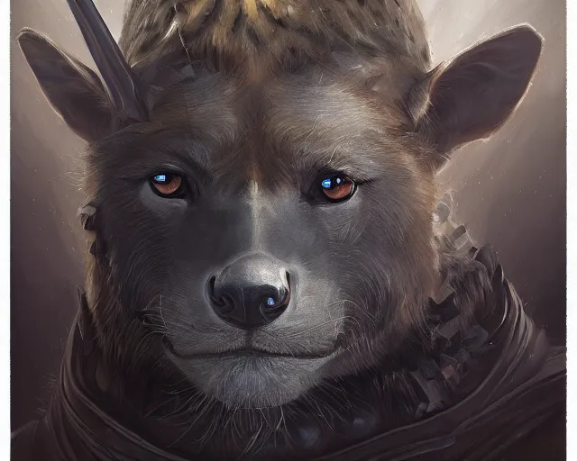 Image similar to A detailed matte oil on canvas head on symmetrical portrait of a man with the head of a hyena wearing heavy armor by Charlie bowater, Lise Deharme, Wlop, trending on artstationhd, dungeons and dragons art, critical role