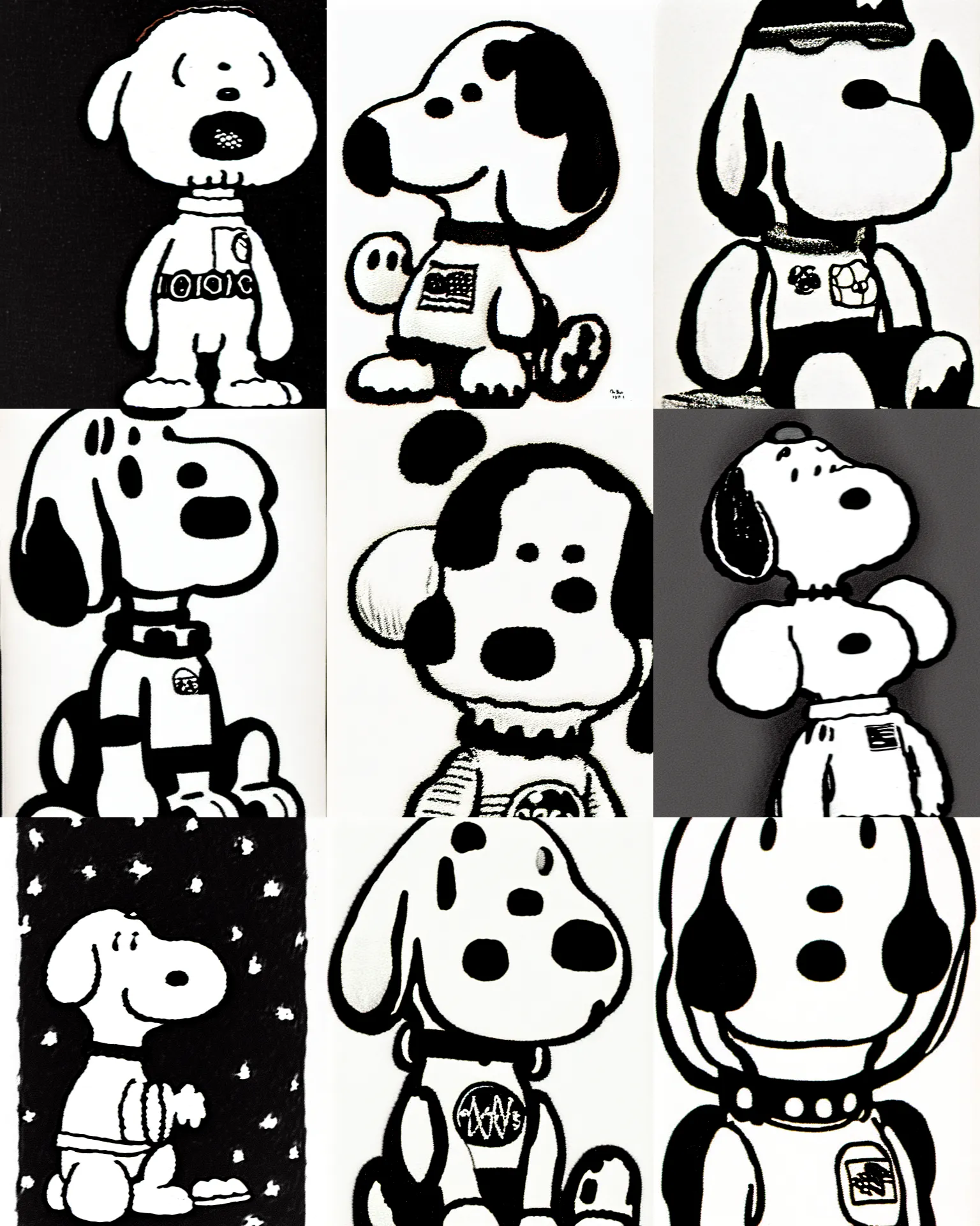 Prompt: close up portrait of snoopy in a space suit, line drawing, black and white, by charles m. schulz, very consistent, very peanuts, very snoopy