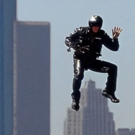 Prompt: Tom cruise jump from a building with a motorcycle