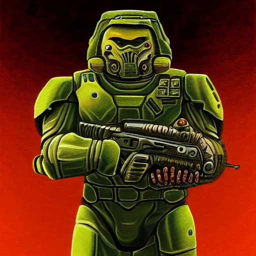Image similar to portrait of doomguy, highly detailed, centered, digital painting