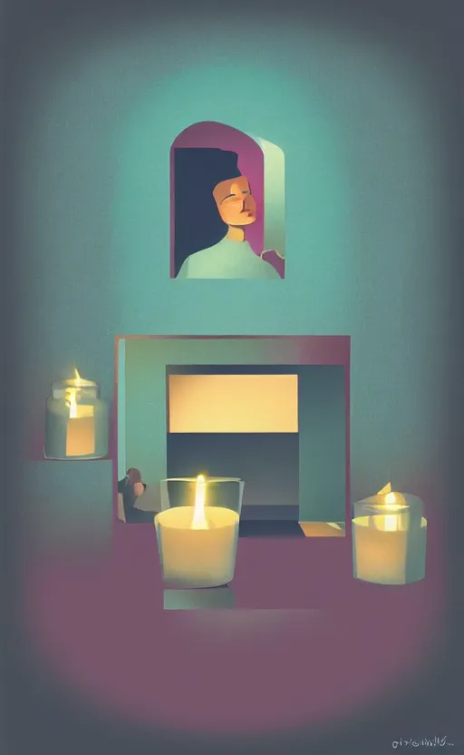 Image similar to illustration with beautiful scented candles, close - up photo in cozy interior, candle lighting, shadow play, light refraction, mirror, glowing, an art deco painting by tom whalen, trending on behance, art deco, digital illustration, storybook illustration, grainy texture, flat shading, vector art, airbrush, pastel, watercolor, poster