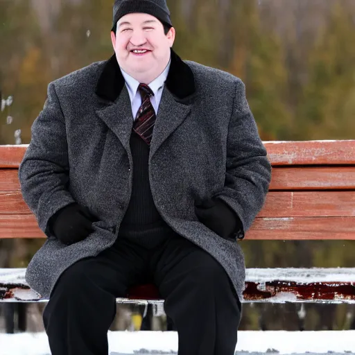 Image similar to Kevin Malone wearing a black ushanka hat and black wool overcoat sitting on a park bench during the winter