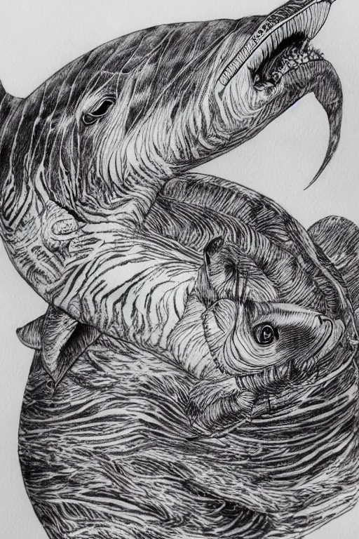 Image similar to Furry dolphin with tiger stripes, pen and ink, intricate line drawings, by Yoshitaka Amano, Ruan Jia, Kentaro Miura, Artgerm, watercolor