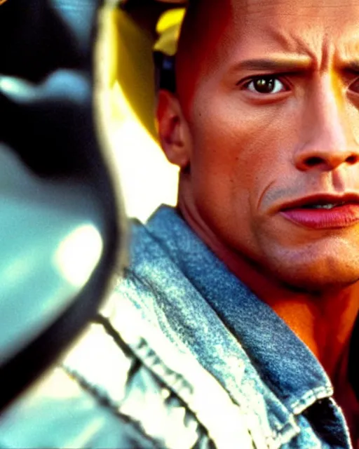 Prompt: film still close - up shot of dwayne johnson as marty mcfly from the movie back to the future. photographic, photography