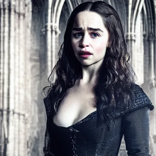 Image similar to emilia clarke as a vampire in a gloomy gothic cathedral at night