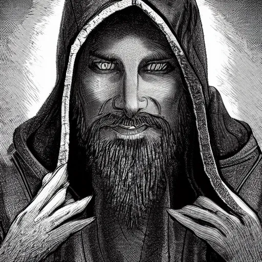 Prompt: 4 0 years old man, friendly, smiling : : goatee beard : : hooded cloak : : medieval city, night, dark, grim, high detail, digital art, rpg, illustration