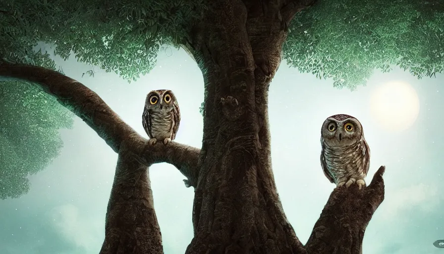 Image similar to very very small owl, sitting on a gigantic banyan tree in moonlit lakshadweep by ilya kuvshinov, starry night, rtx rendering, octane render 1 2 8 k, maya, extreme high intricate details by tom bagshaw, medium shot, close up shot, composition by sana takeda, lighting by greg rutkowski