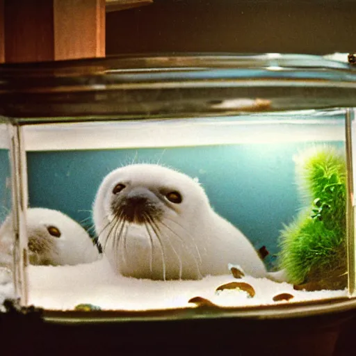 Image similar to a photo of a terrarium containing baby harp seals, located in a rundown condo from 1996, 15mm, Kodachrome