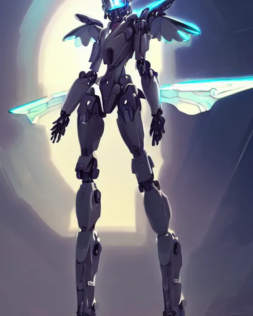 Image similar to uncropped stealthy feminine mecha ( with futuristic jet armor and wings ) with a heart visor helmet, symphogear, full body character portrait, hi - tech, trending on artstation, pastel armor, digital painting, concept art, sharp focus, illustration, art by wlop and greg rutkowski