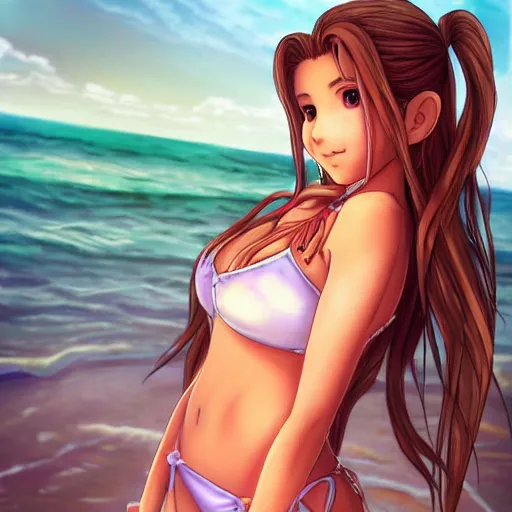 Image similar to beautiful aerith from final fantasy in a bikini on the beach making eye contact drawn by sakimichan