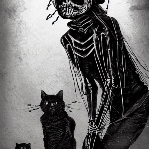 Image similar to skeleton wearing headphones, watching girl playing guitar while her black cat standing next to her, detailed intricate ink illustration, dark atmosphere, detailed illustration, hd, 4k, digital art, overdetailed art, by greg rutkowski, by loish, complementing colors, Trending on artstation