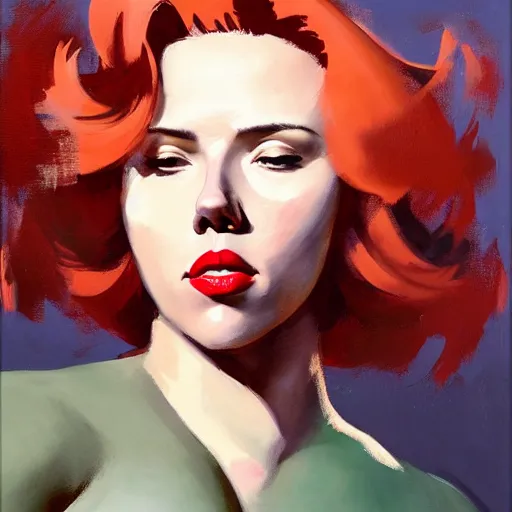 Prompt: greg manchess portrait of scarlett johansson as thick very muscular weightlifter with red hair and black lips, eyes closed, medium shot, asymmetrical, profile picture, organic painting, sunny day, matte painting, bold shapes, hard edges, street art, trending on artstation, by huang guangjian and gil elvgren and sachin teng