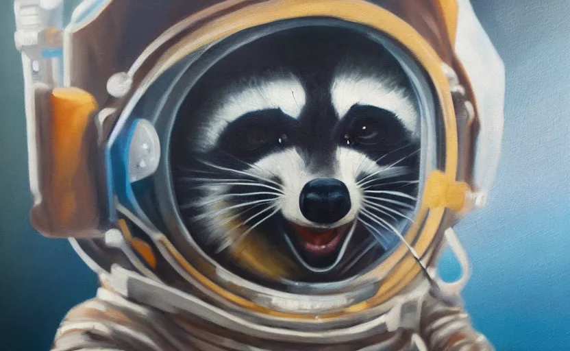 Prompt: oil painting of a racoon in a astronaut suit with helmet, 35mm, photo, Epic, cinematic