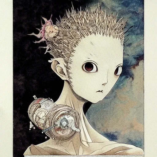 Prompt: prompt: Fragile looking vessel portrait face drawn by Katsuhiro Otomo, inspired by Carlo Dolci, magical and alchemical objects on the side, soft light, white background, intricate detail, intricate ink painting detail, sharp high detail, manga and anime 2000