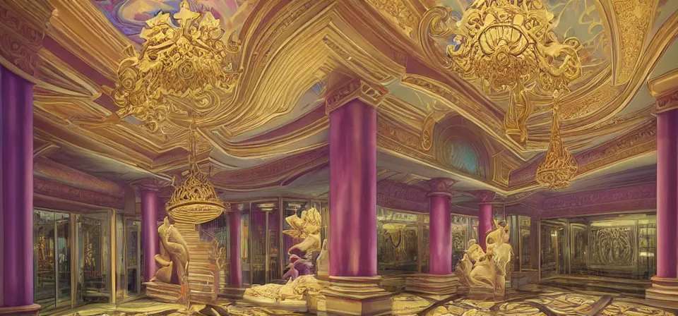 Prompt: vaporwave ombre detailed vast and ornate luxury hotel lobby. underwater themed. highly detailed, digital painting, artstation, concept art, smooth, sharp focus, illustration, ed hopper, chris moore. artgerm, tomasz alen kopera, peter mohrbacher, donato giancola, joseph christian leyendecker, wlop, boris vallejo