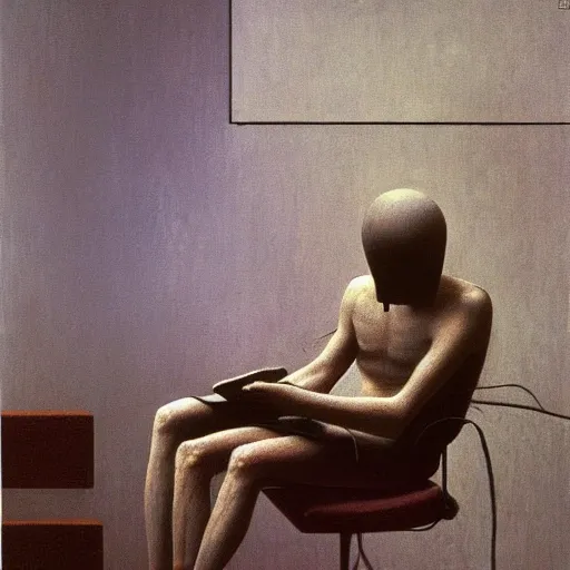 Image similar to gamer at his computer Zdzisław Beksiński, oil on canvas