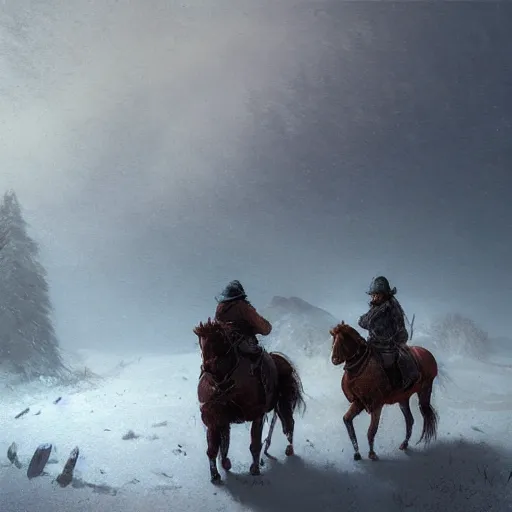 Image similar to Two northerners on horseback seen from afar riding in the snow, snowy landscape, snow storm, fantasy, highly detailed, digital painting, artstation, concept art, illustration, art by Greg Rutkowski and Marc Simonetti