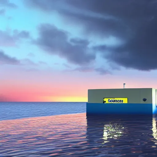 Prompt: a Walmart public restroom floating in the middle of the ocean, sunset, beautiful, ultra realistic digital art, 4k, cgsociety, HDR, Intricate, trending on artstation