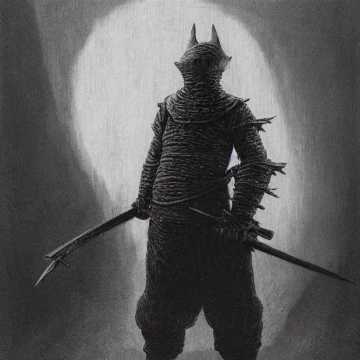 Prompt: tintin as a dark souls boss by zdzisław beksinski