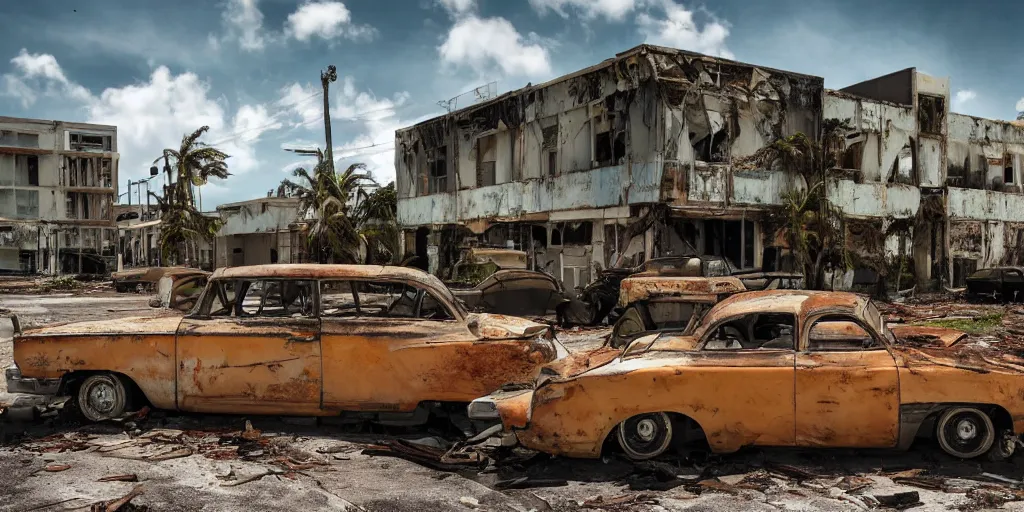 Prompt: wide angle shot of dilapidated fallout 5 miami, tropical coastal city in real life, desolate, dilapidated, some rusted retro futuristic vintage parked vehicles like cars, buses, trucks, trams, sunny weather, few clouds, volumetric lighting, photorealistic, daytime, spring, sharp focus, ultra detailed,