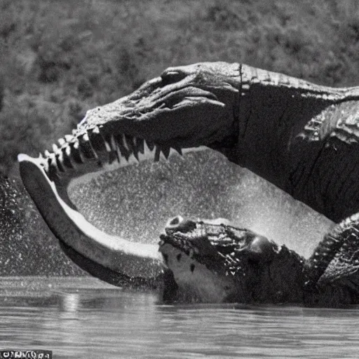 Image similar to found retro footage of a giant crocodile ambushing a lion from a murky lake, high temperature, cinematic lighting, focused eyes, apex predator standoff
