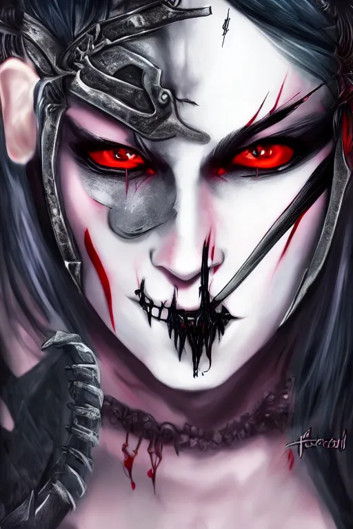 Image similar to demon girl warrior with swords, goth ninja, pretty face, ultra detailed, digital art, 8k ,character ,realistic, portrait, hyperrealistic