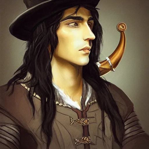 Prompt: “detailed portrait of a handsome half-elf bard with long black hair wearing a hat and expensive clothes”