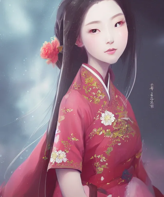 Image similar to Portrait of a beautiful young elegant girl in Chinese hanbok, Japanese anime style, gorgeous atmosphere, full of details, matte painting, concept art, smooth, by Ina Wong and wlop ，trending on cgsociety and artstation，8kHDR，light effect，