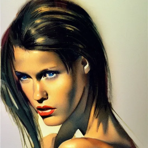 Image similar to photorealistic picture, by bob peak and alex ross, 9 0 s calendar girl, gouache and wash paints, fine details, fine intricate, fine facial proportionate, fine body proportionate, smooth sharp focus, sharp focus