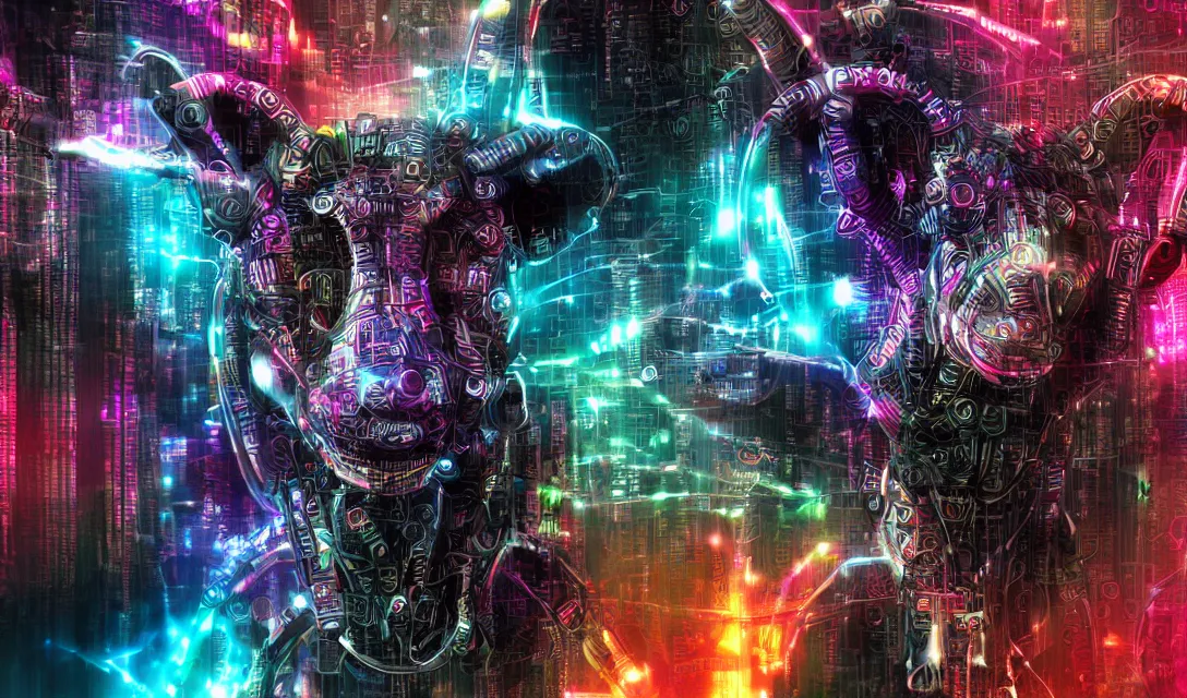 Prompt: complex cyberpunk machine background merged with evil cybernetic goat head centered!, multicolored digital art