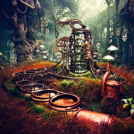 Image similar to a steampunk forest made out of copper pipes and metal, extremely detailed, steam, anime, studio ghibli, cyberpunk, copper, steam, particles, lush,