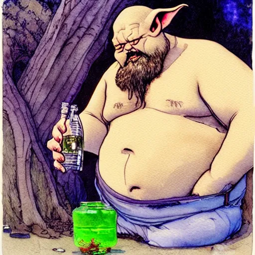 Image similar to a realistic and atmospheric watercolour fantasy character concept art portrait of a fat sleazy homeless yoda wearing a wife beater drinking out of a broken bottle, by rebecca guay, michael kaluta, charles vess and jean moebius giraud
