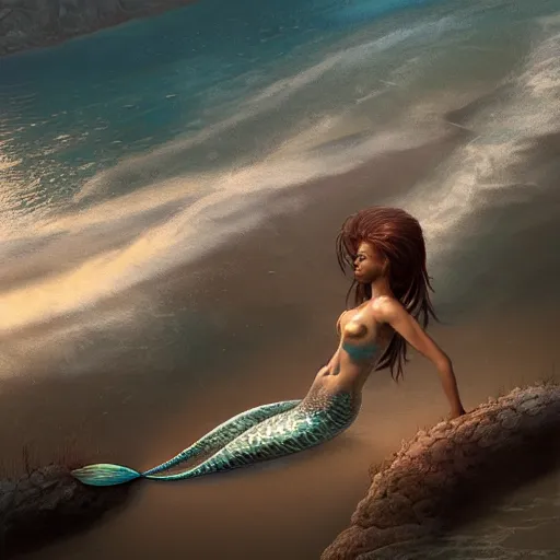 Prompt: jada fire as a beautiful mermaid emerging from the ocean, extremely high detail, photo realistic, cinematic, post processed, concept art, artstation, matte painting, style by Raphael Lacoste, Eddie Mendoza